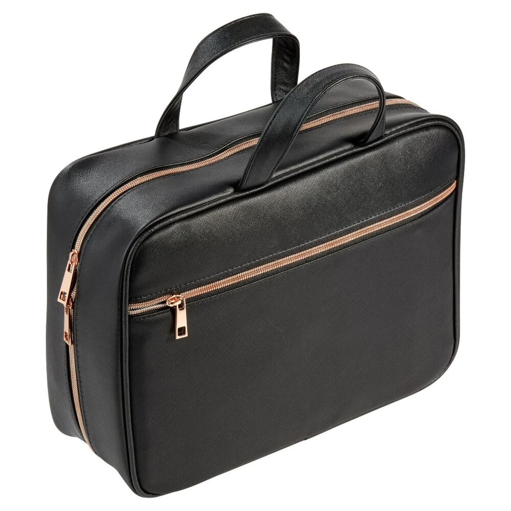 Large Hanging Travel Toiletry Cosmetic Makeup Bag Black Saffiano Leather NWT